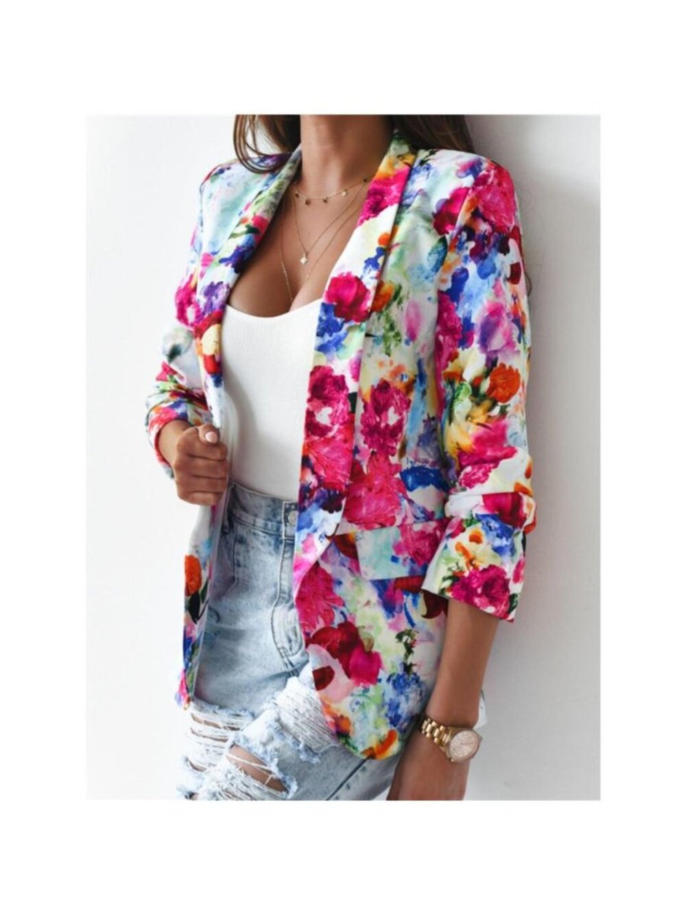 Vibrant Floral Print Open Front Blazer